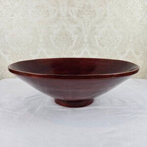 Large Round Red Black Striped Bamboo Bowl Polished Made In Vietnam